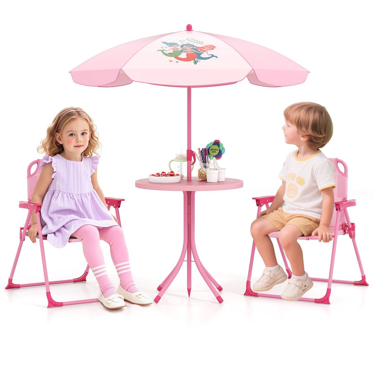 Juego de Picnic para Niños de 4 Piezas con Sombrilla Ajustable - Rosa