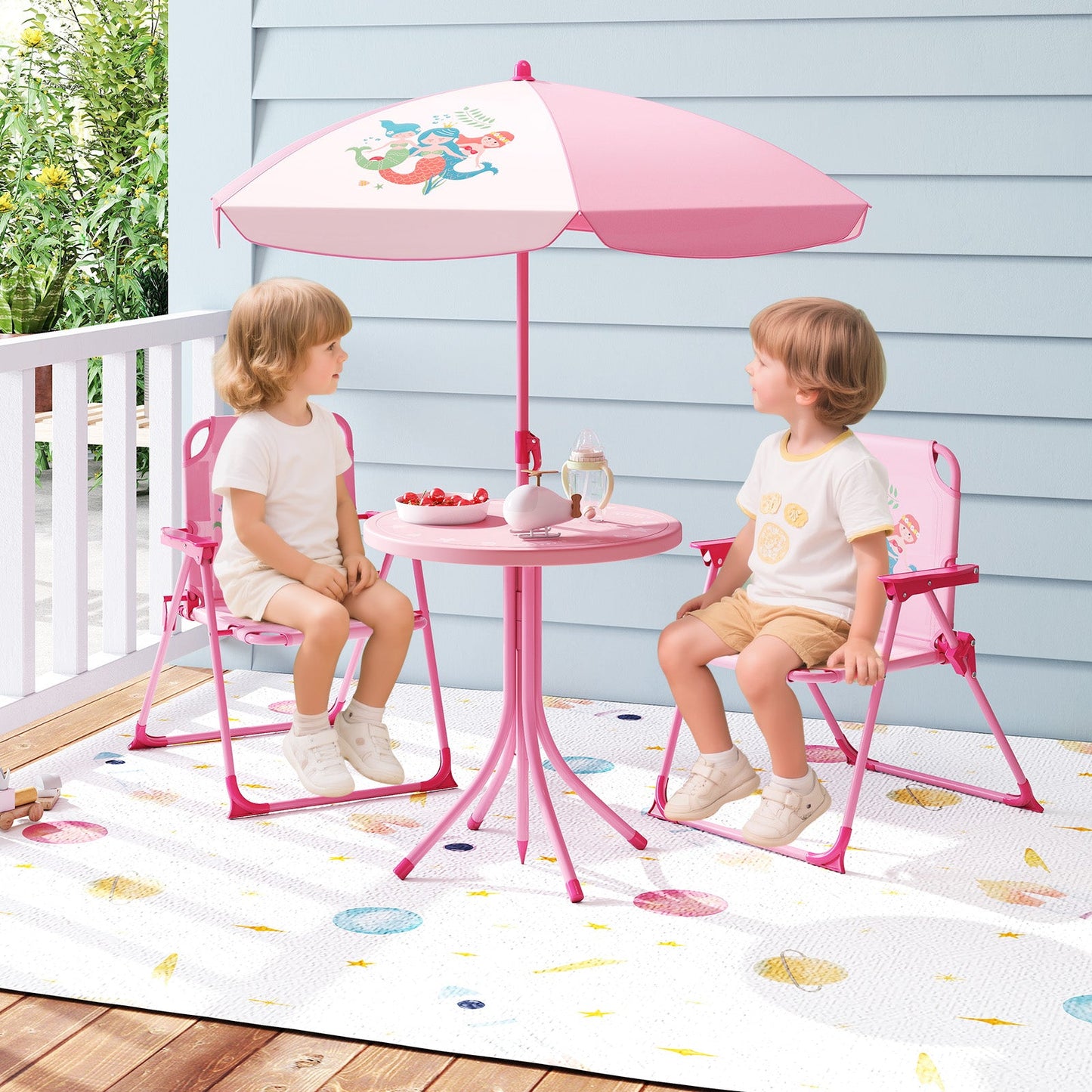 Juego de Picnic para Niños de 4 Piezas con Sombrilla Ajustable - Rosa