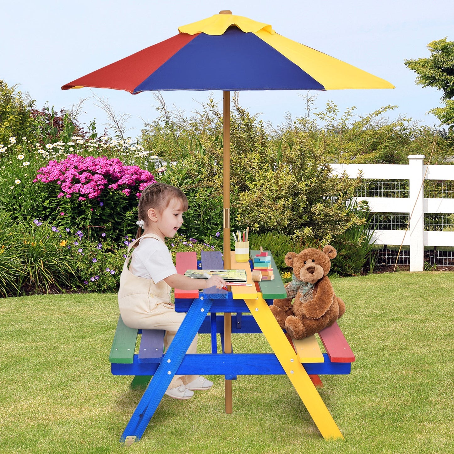 4 Seat Kids Picnic Table with Umbrella - Multicolor