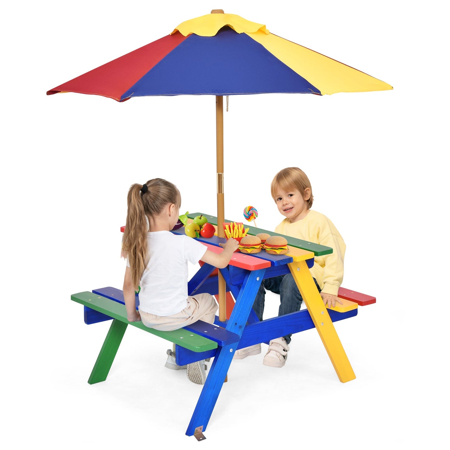 4 Seat Kids Picnic Table with Umbrella - Multicolor