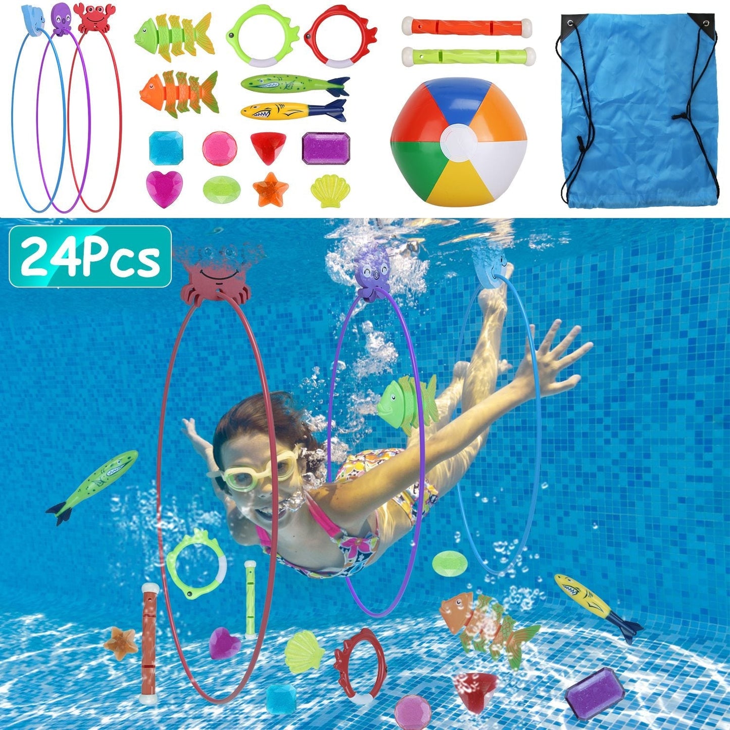 Juego de Juguetes de Buceo GBruno de 24 Piezas para Diversión en la Piscina
