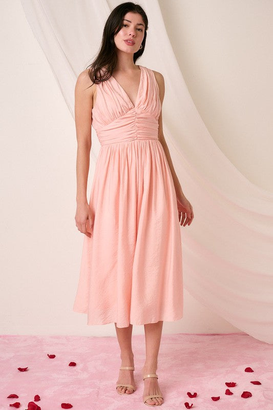 Robe midi sans manches à décolleté en V froncé élégante pour femmes