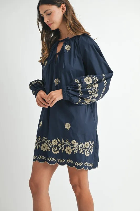 Embroidered Long Sleeve Peasant Mini Dress for Women