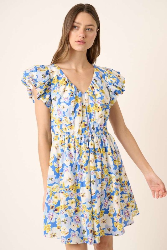 Charming Floral V-Neck Cap Sleeve Mini Dress for Women