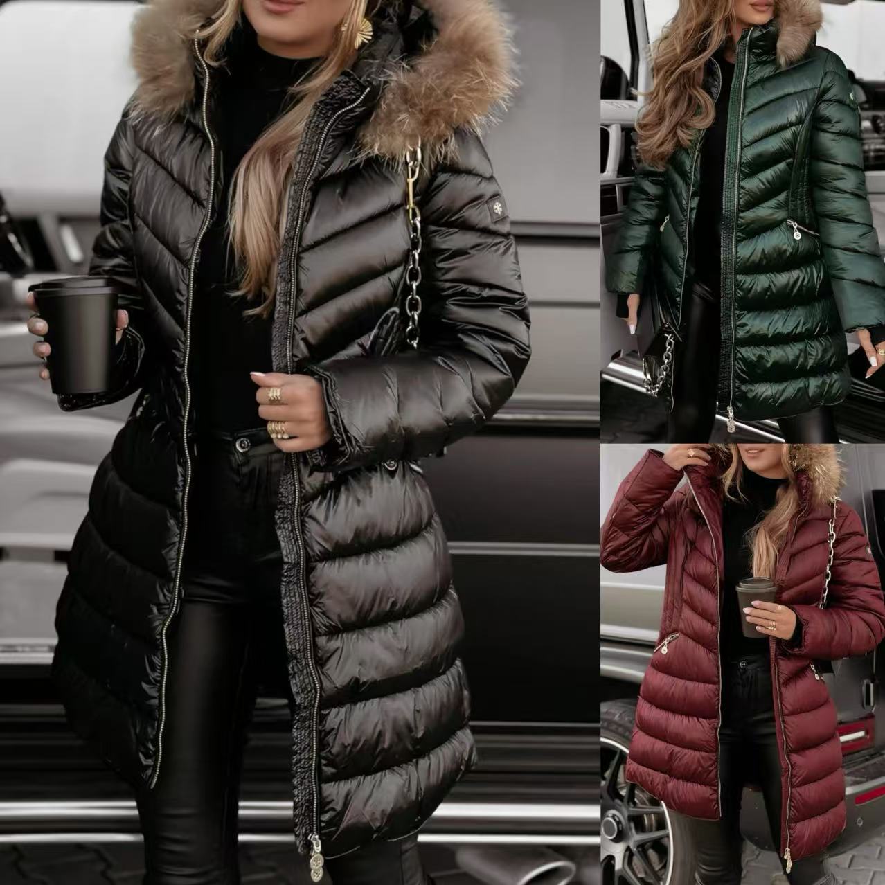 Veste Puffer Élégante Mi-Longue Ajustée avec Col en Fourrure