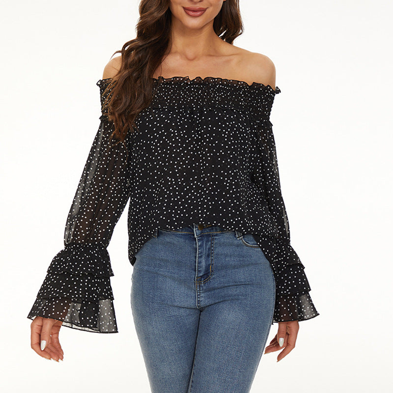 Blouse en Chiffon Élégante à Manches Longues et Épaules Dégagées avec Pois