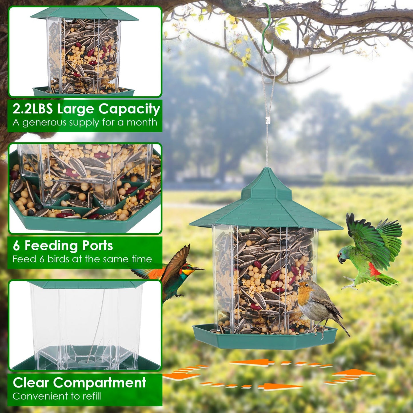 Comedero para Aves Silvestres en Forma de Gazebo Colgante con Gran Capacidad