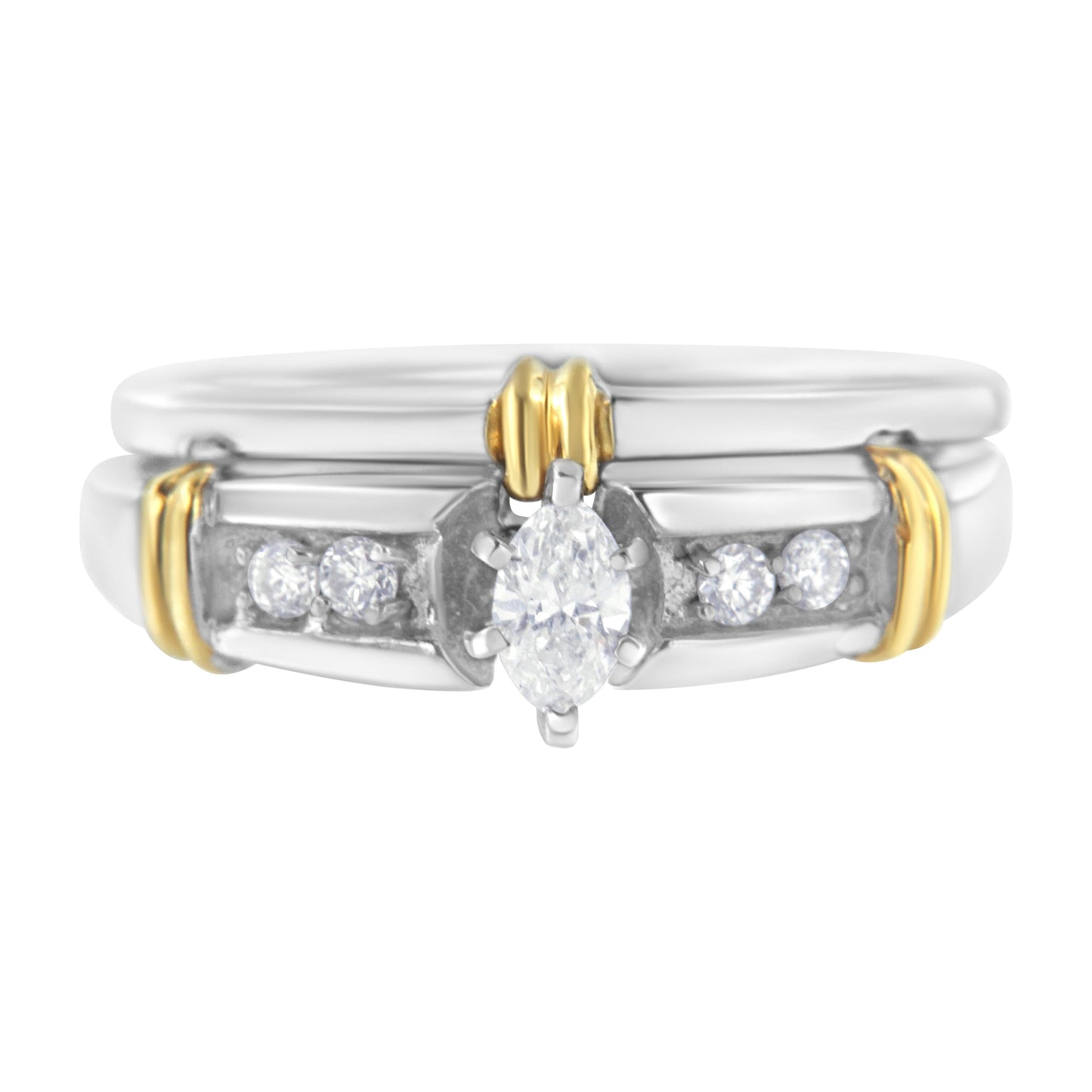 Conjunto de Anillo de Compromiso de Diamante Marquise en Oro Amarillo y Blanco de 14K - Talla 7