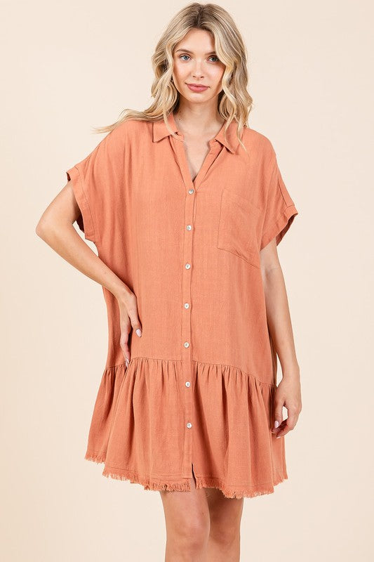 Linen Blend Button Down Shirt Mini Dress for Women