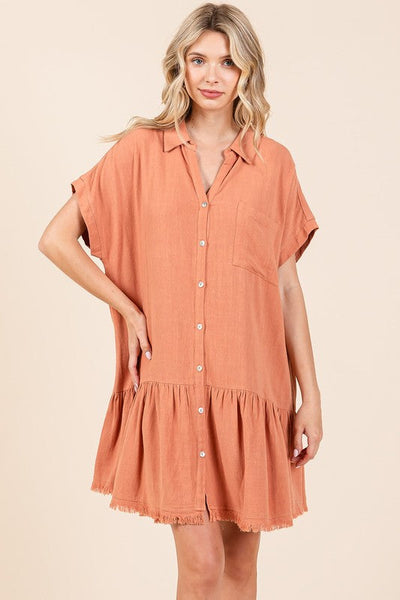 Robe Mini en Mélange de Lin avec Boutons pour Femmes
