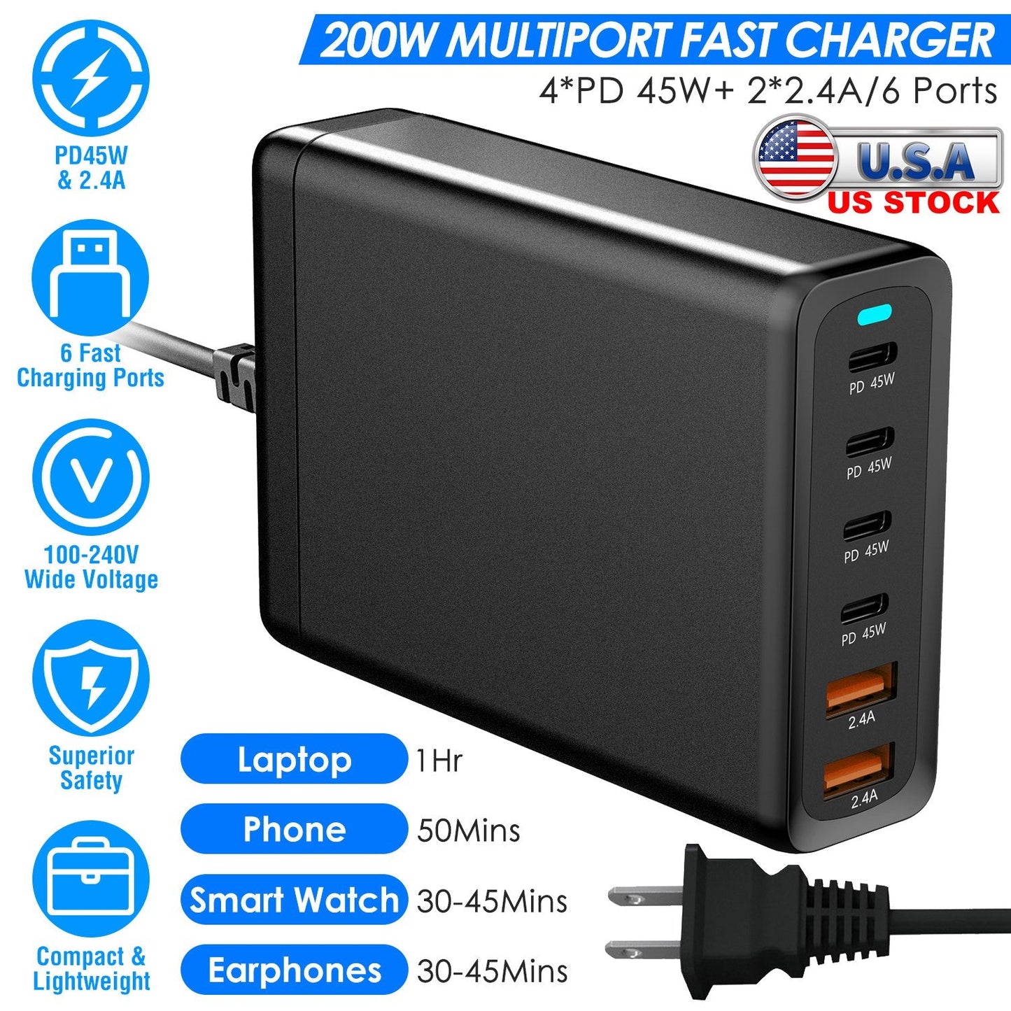 200W Fast Wall Charger with 6 Ports - Premium USB Charging Station