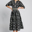 Bow Tie Print Notched Velvet Trim Midi Dress