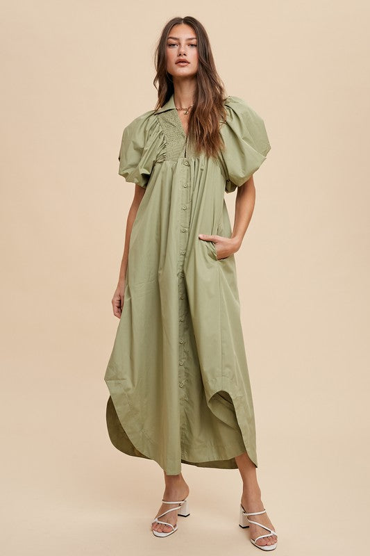 Vestido Midi de Manga Abullonada con Fruncido - Diseño Elegante y Moderno