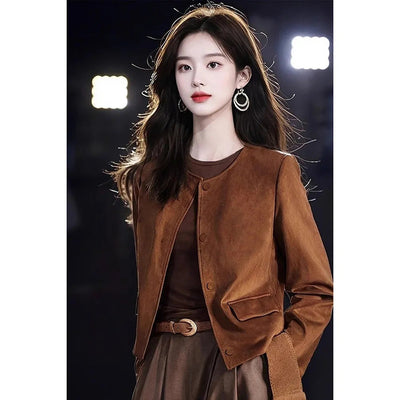 Manteau court en daim caramel vintage pour femmes