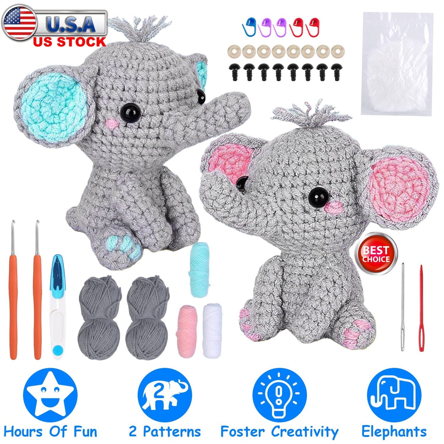 Elephant Crochet Kit for Beginners - DIY Knitting Supplies