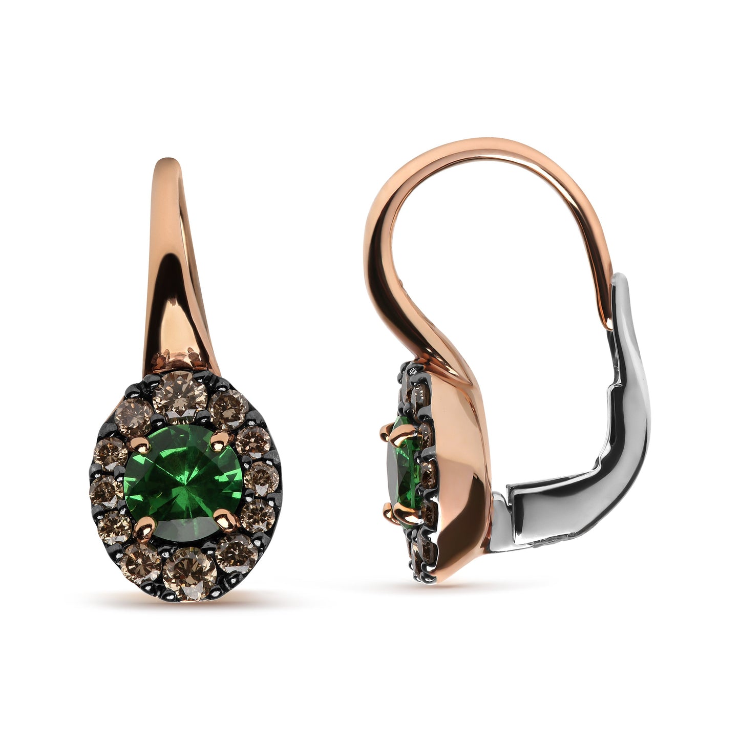 Boucles d'oreilles créoles en or rose et blanc 18K avec diamants bruns et tsavorite verte