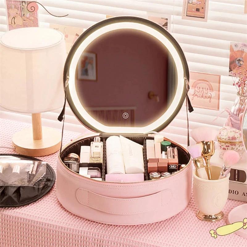 Bolsa de Maquillaje LED Inteligente Redonda con Luces de Espejo