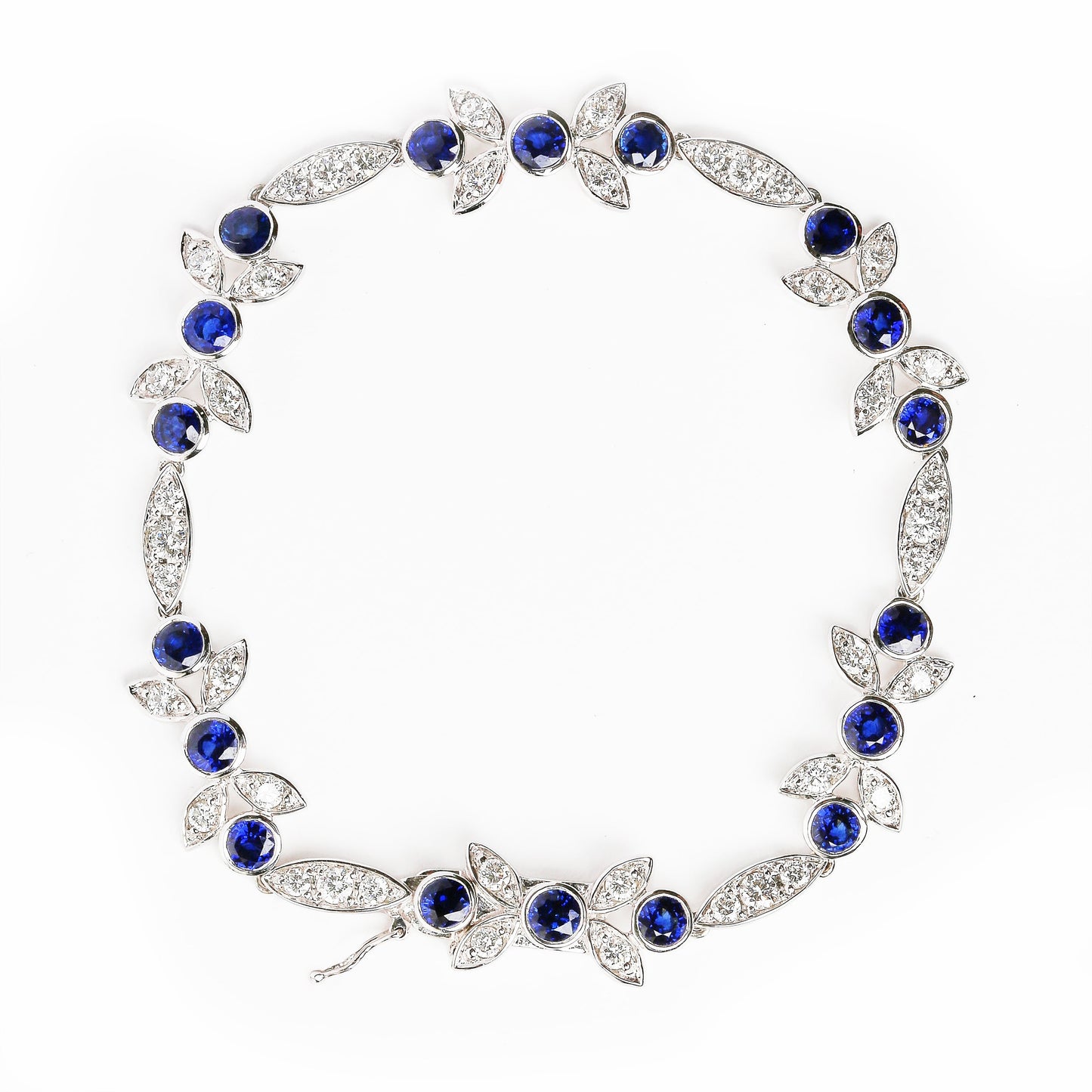 18K White Gold Diamond & Blue Sapphire Floral Link Bracelet - Size 7"
