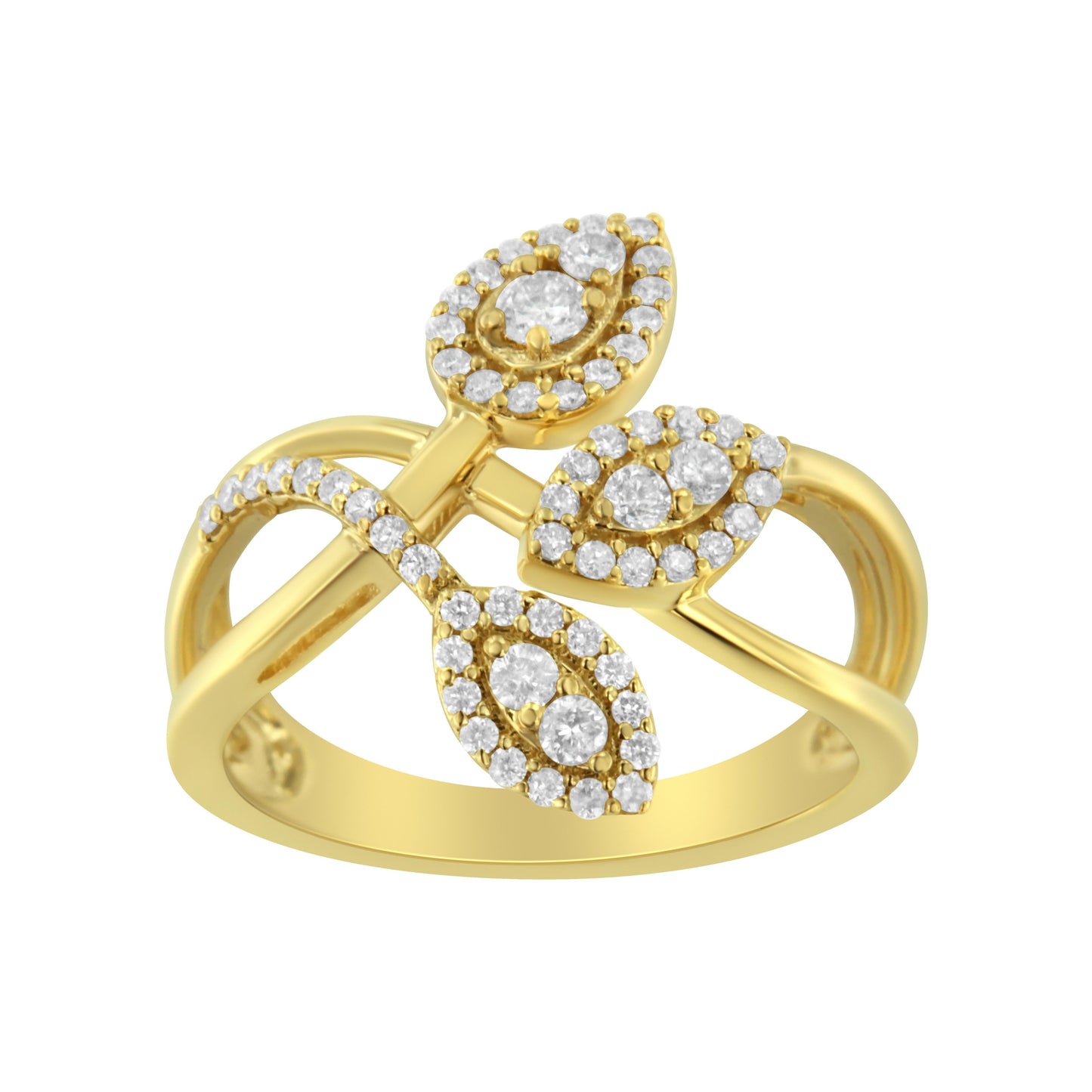 10K Yellow Gold Diamond Layered Crossover Leaf Ring - Size 7