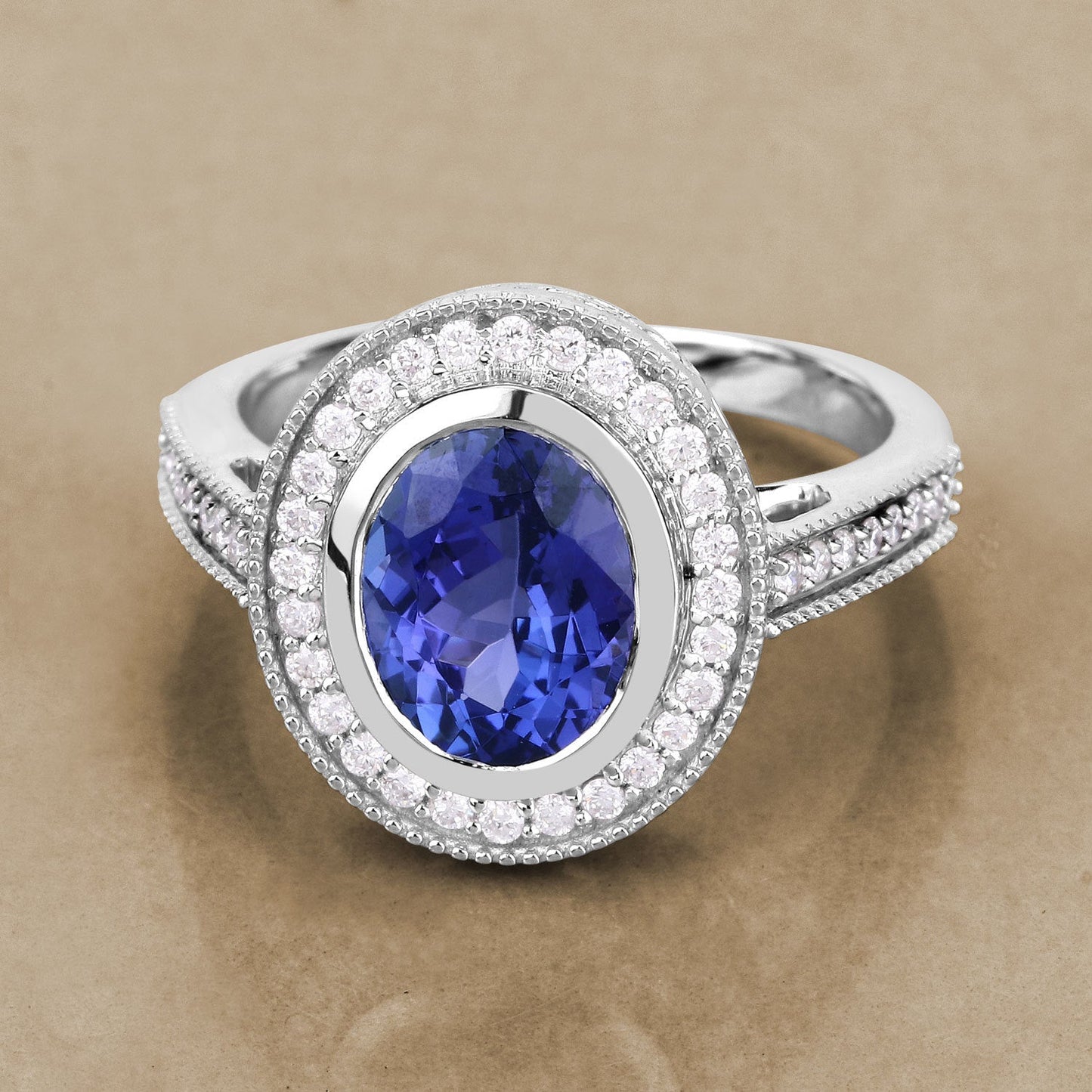 2.94 Carat Genuine Tanzanite and White Diamond Ring in 14K White Gold
