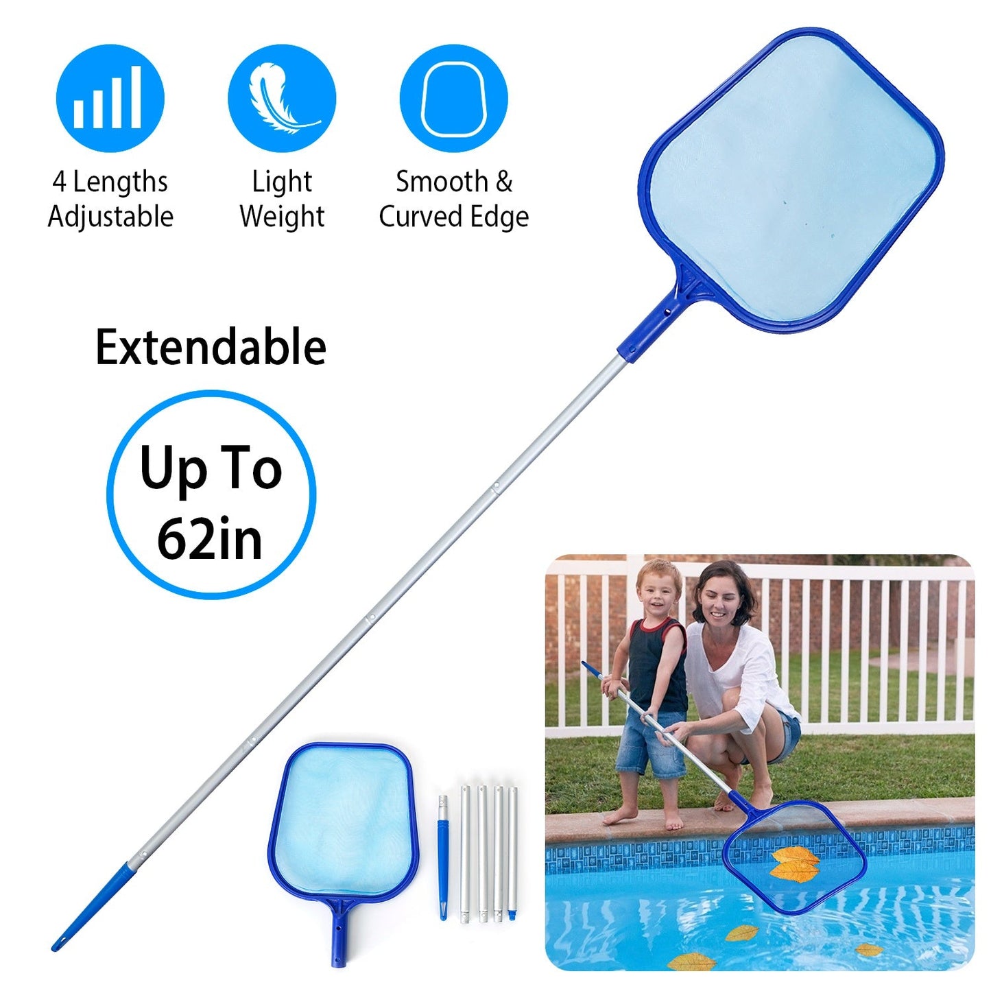 Skimmer de piscina telescópico premium con red de malla fina