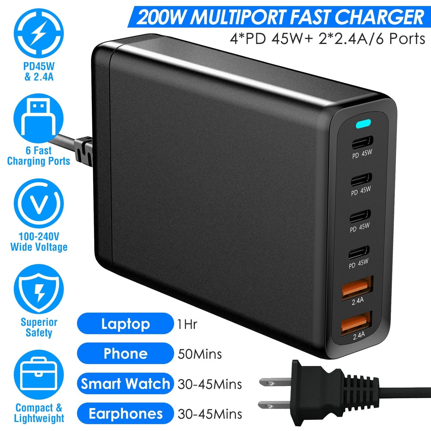 200W Fast Wall Charger with 6 Ports - Premium USB Charging Station