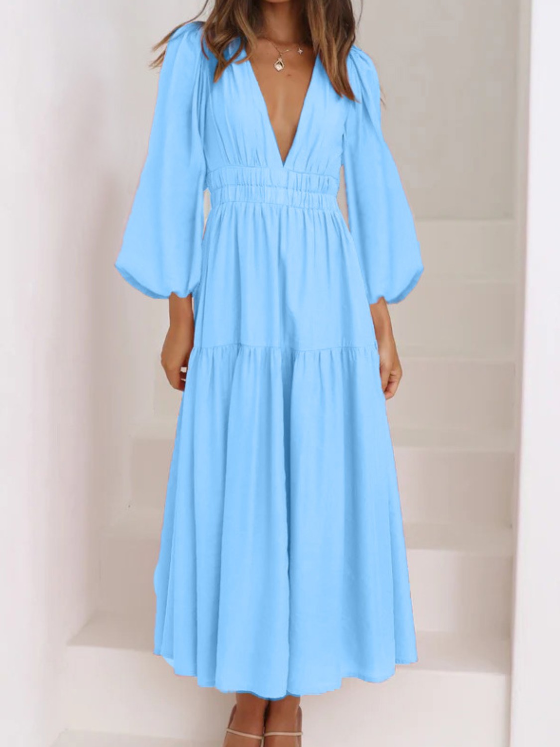 Elegant Lightweight Deep V-Neck Balloon Sleeve Maxi Dress