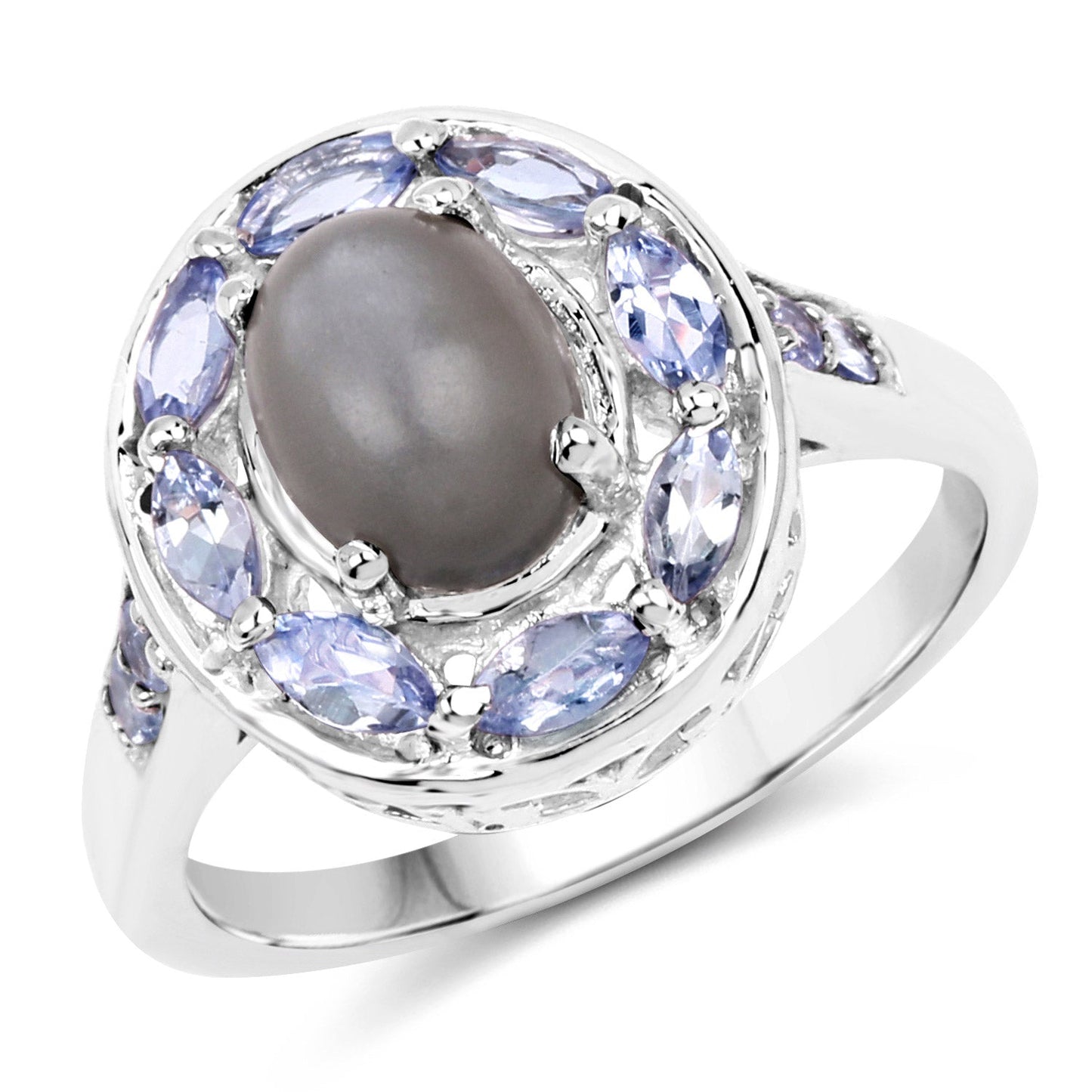 Anillo de Plata Esterlina con Piedra de Luna Gris y Tanzanita de 2.35 Quilates