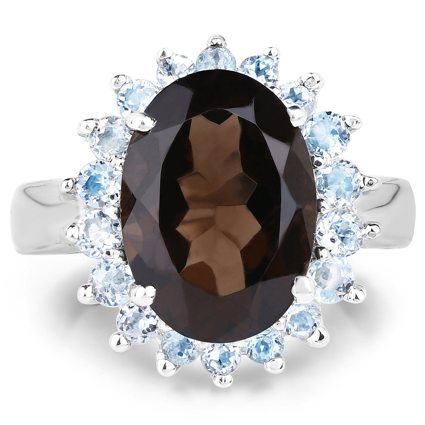 Anillo de Plata Esterlina con Cuarzo Ahumado de 6.79 Quilates y Topacio Azul