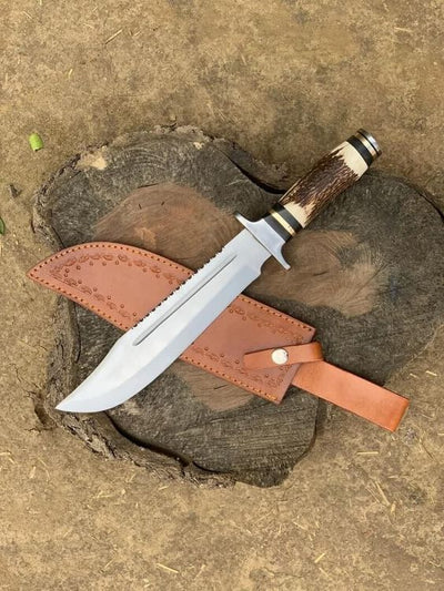 Highland Hunter: Exquisite Handmade Bowie Knife with D2 Steel Blade, Antler Handle, and Leather Sheath - Korvel