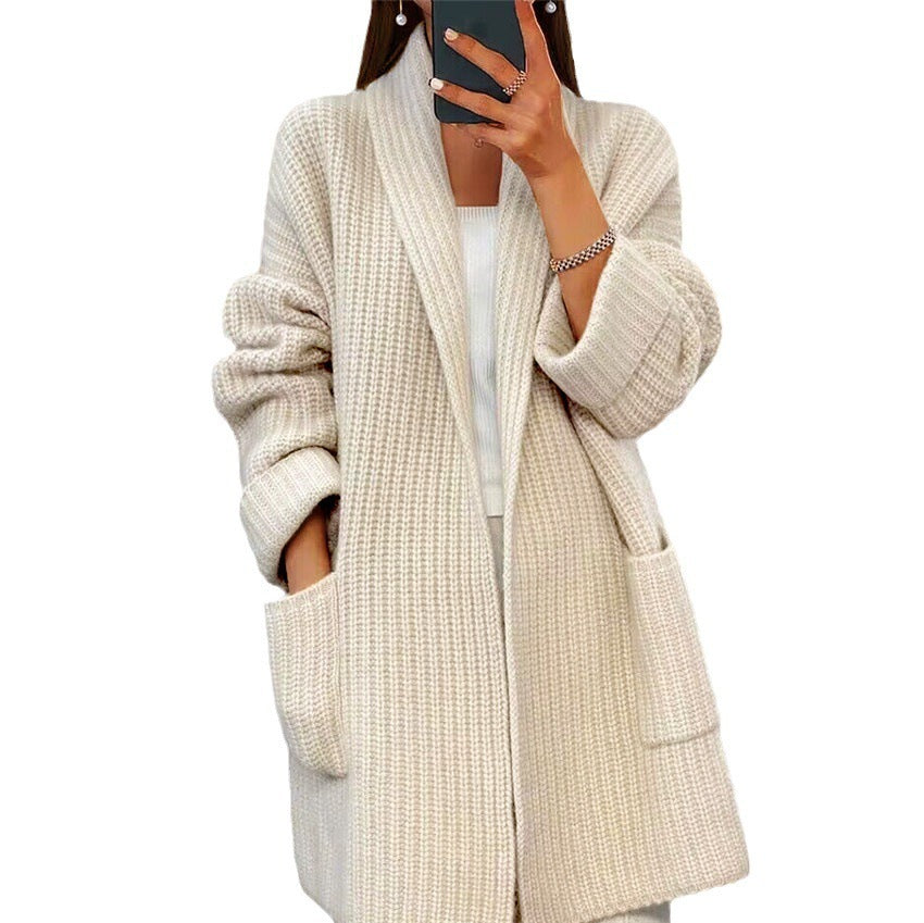 Lapel Knitted Cardigan with Pockets - Casual Women's Sweater
