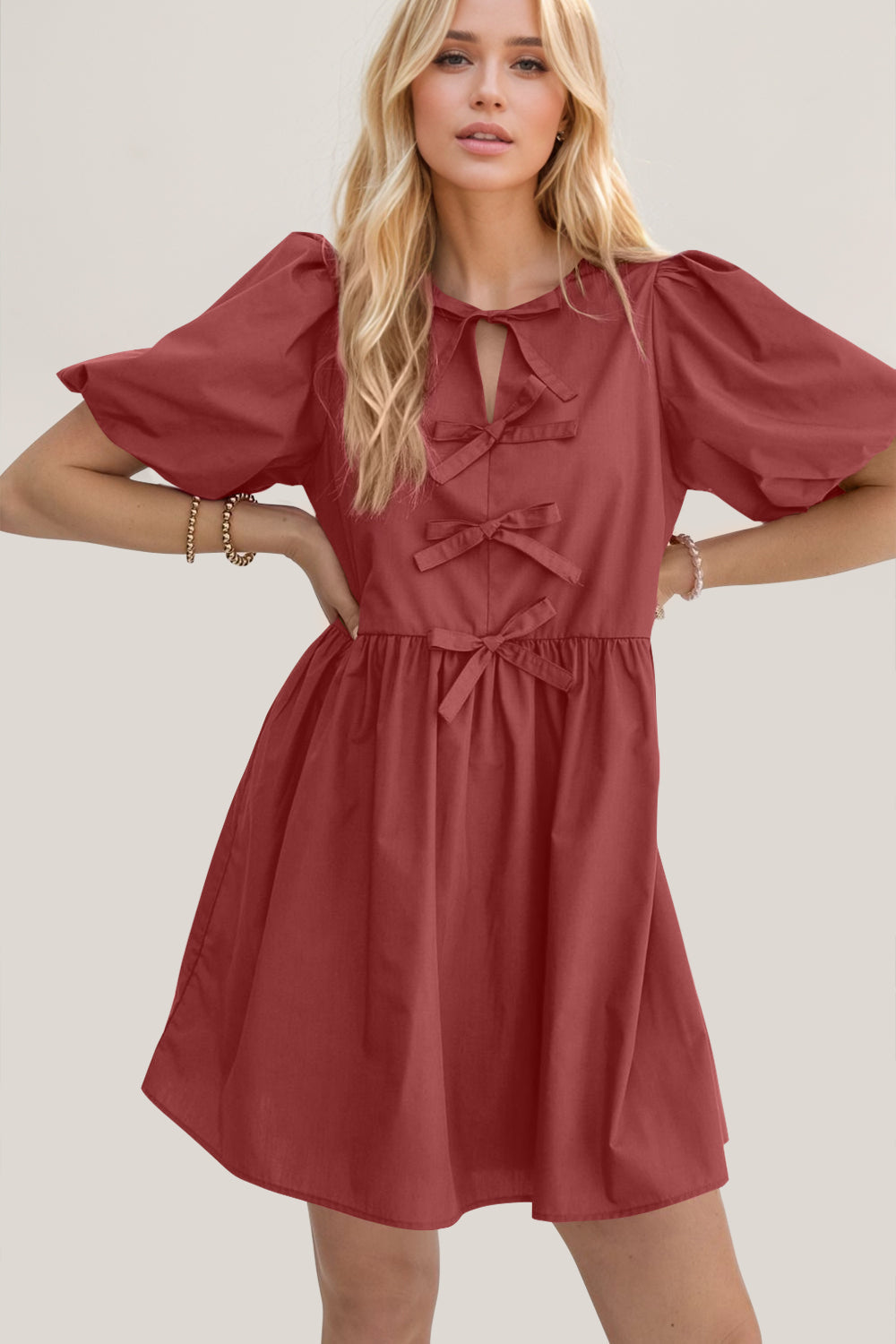 Elegant Ruched Puff Sleeve Mini Dress with Bow Detail
