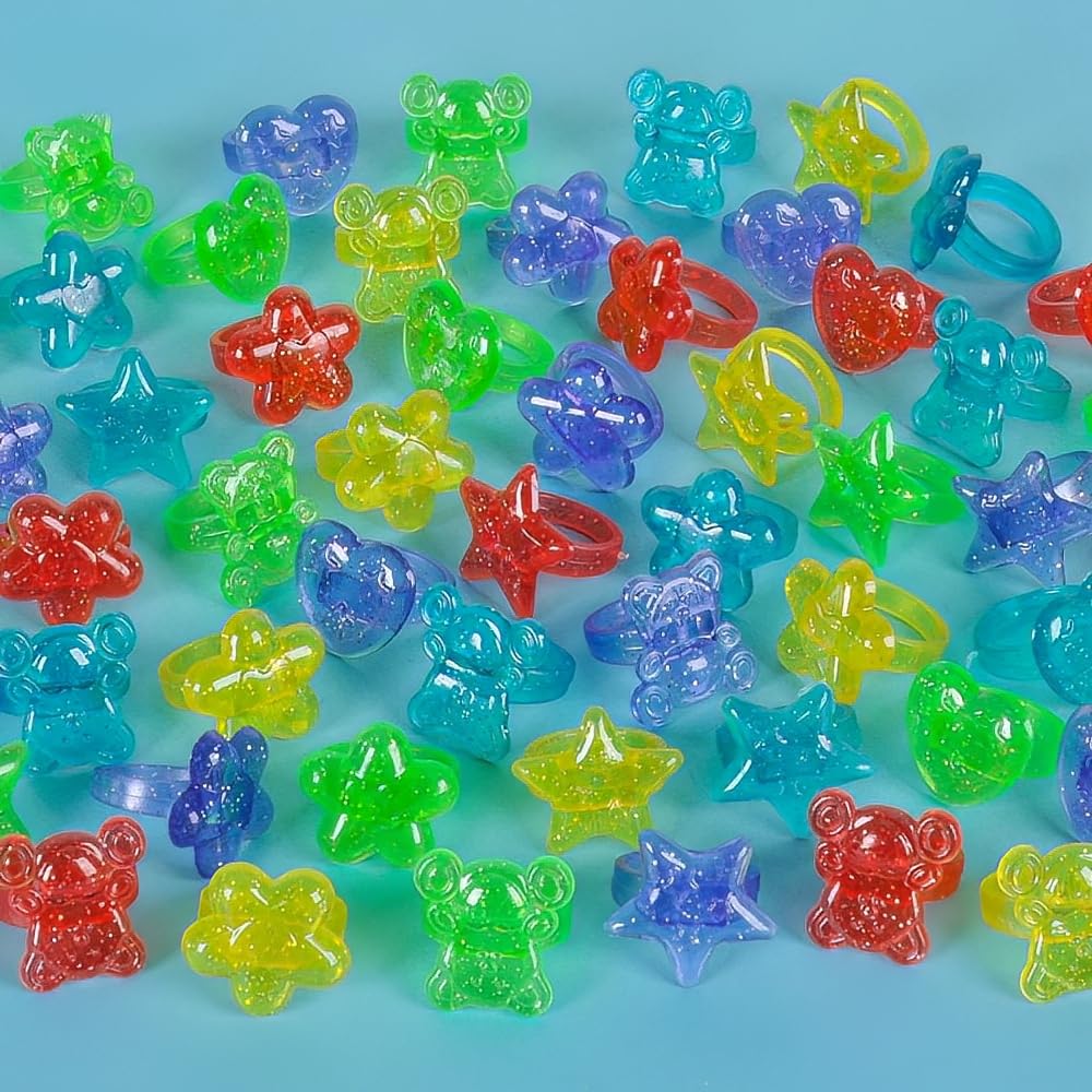 Plastic Glitter Rings, Assorted Colors and Designs - 144 Count