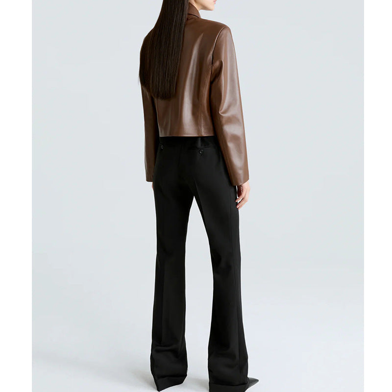 Womens Biker-Style Lapel Leather Jacket