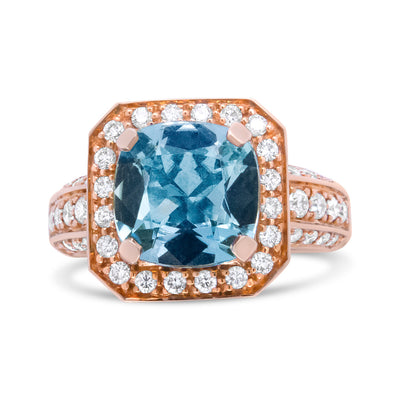 Anillo de Compromiso Halo de Acuamarina y Diamantes en Oro Rosa de 18K - Talla 6.5