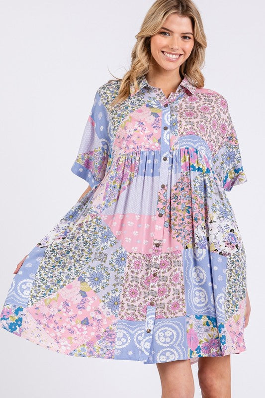 Pink Floral Collared Neck Half Sleeve Mini Shirt Dress