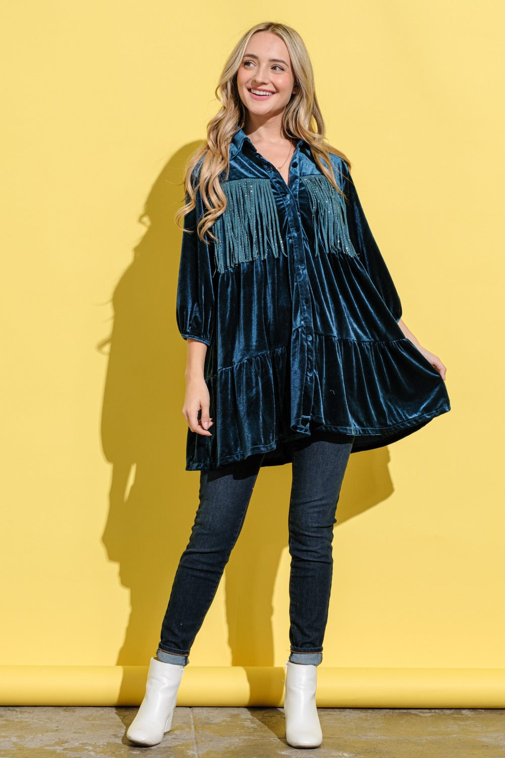 Robe Chemise en Velours Détail Frange