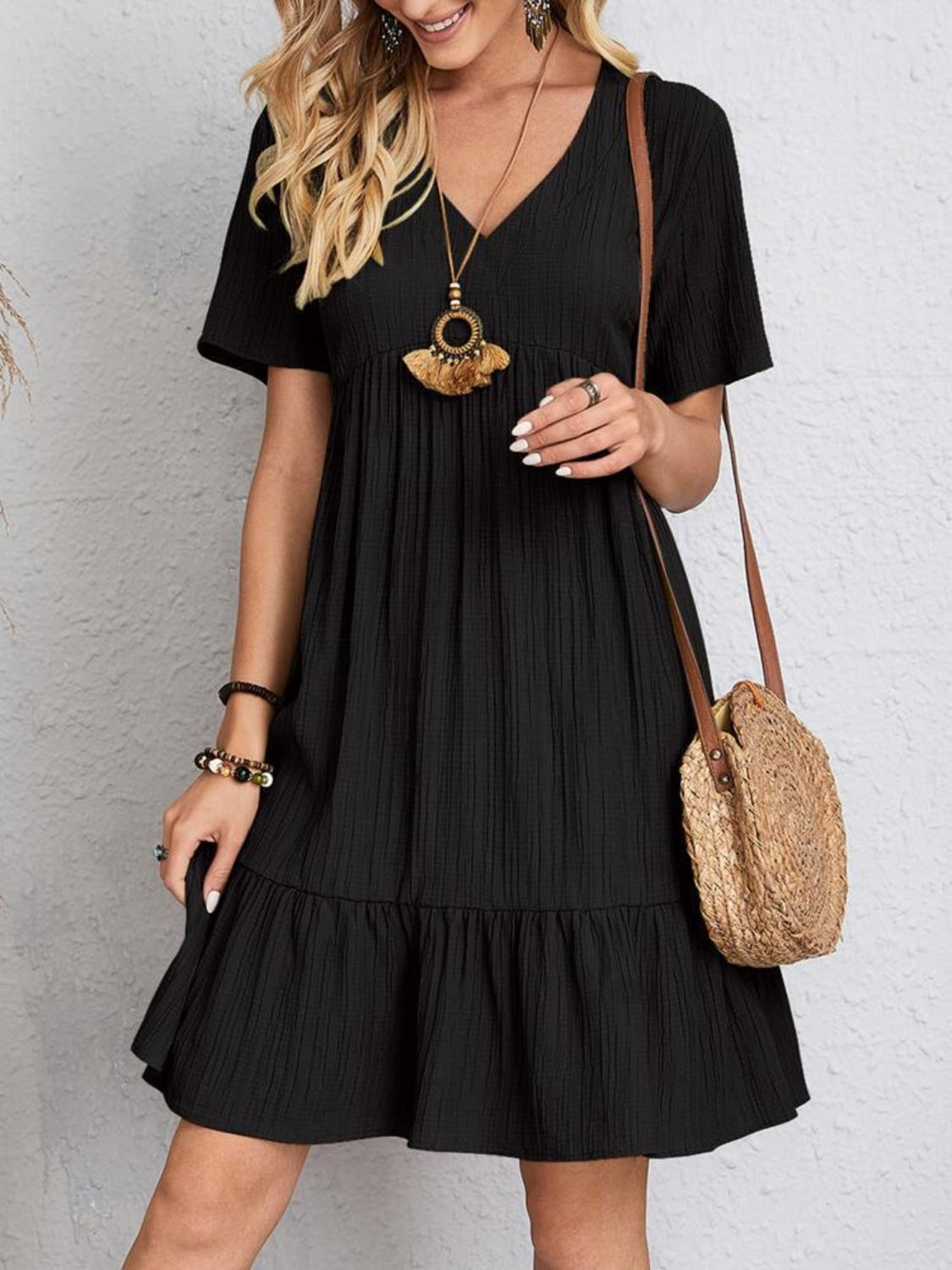 Vestido Clásico de Cuello en V de Manga Corta para Mujeres