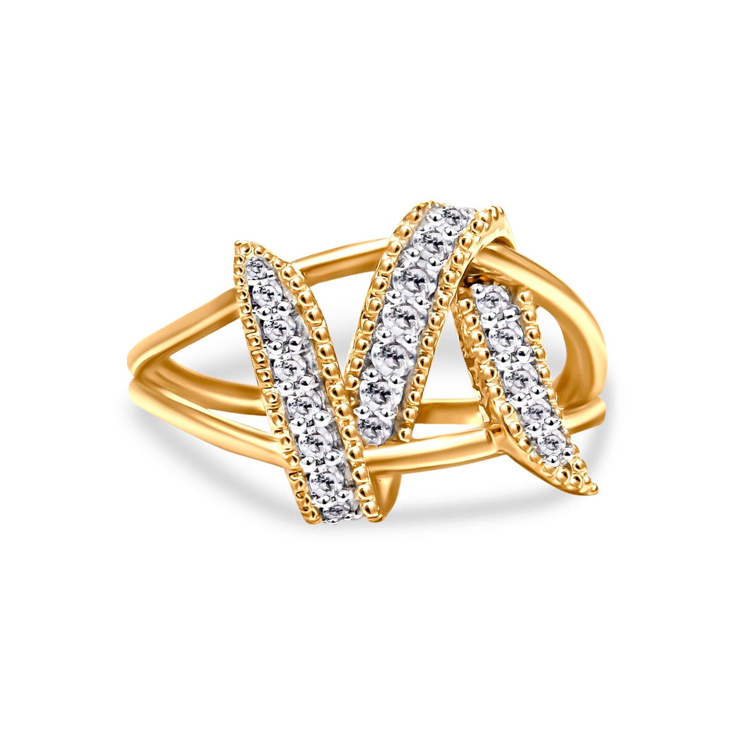Anillo de Bypass Interlocking de Plata de Ley Baño de Oro de 14K con Diamantes - Talla 7