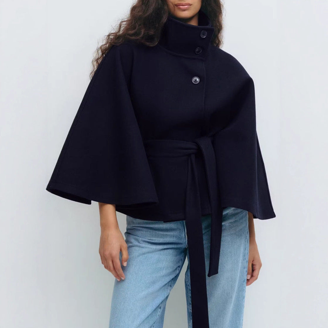 Manteau Trench Élégant d'Hiver à Col Montant et Manches Chauve-Souris pour Femmes