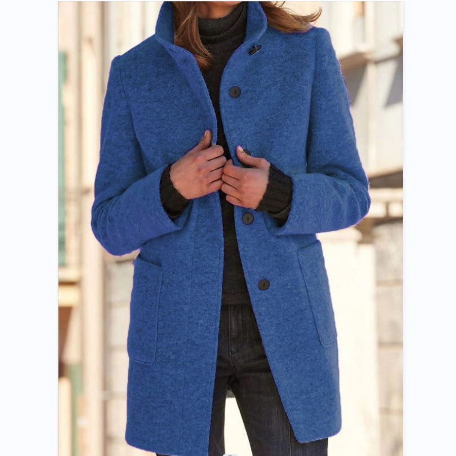 Manteau en Laine à Col Montant avec Poches pour Femmes