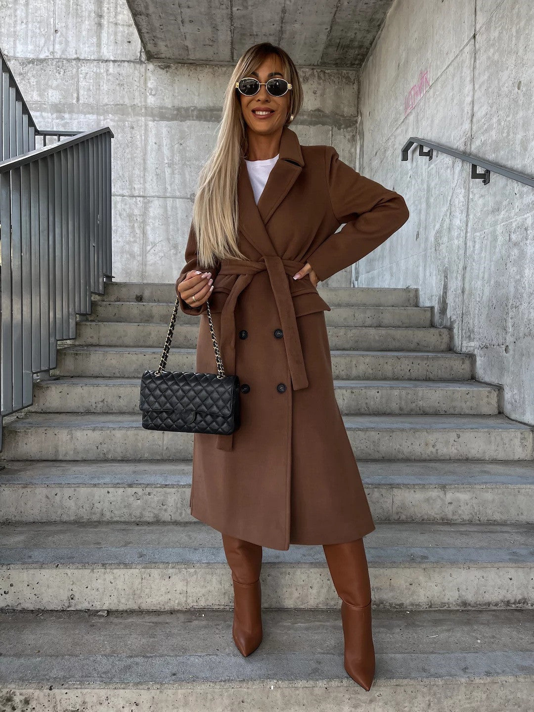 Double-Breasted Lapel Split Jacket with Belt for Women