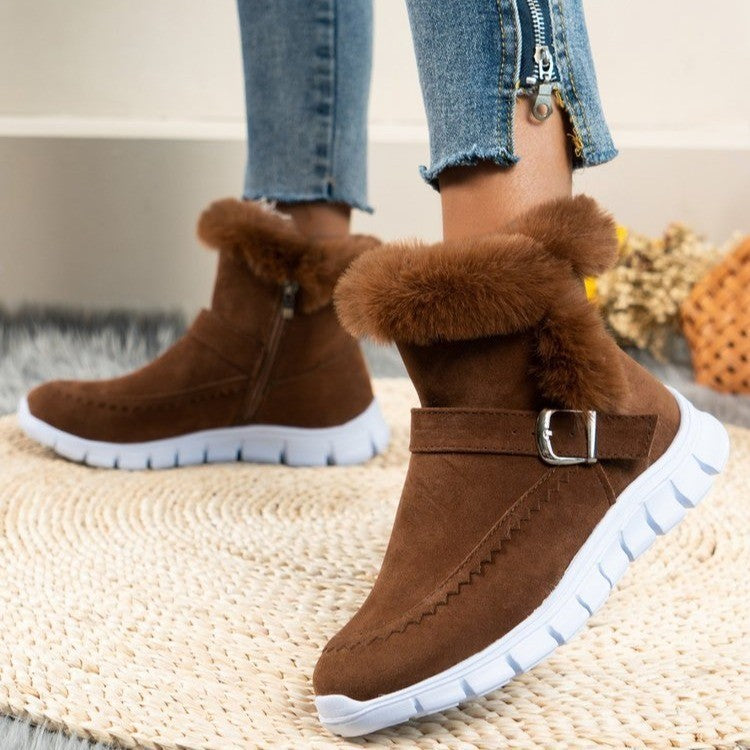 Stylish Plush Ankle Boots with Buckle Design for Women