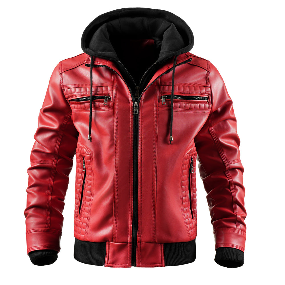Men's Faux Leather Jacket Motorcycle Jacket Waterproof Windproof PU Moto Vintage Bomber Hoodie With Removable Hood - Korvel
