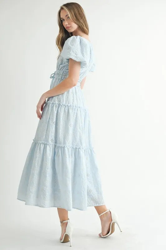 Elegant Eyelet Lace Puff Sleeve Midi Dress for Women