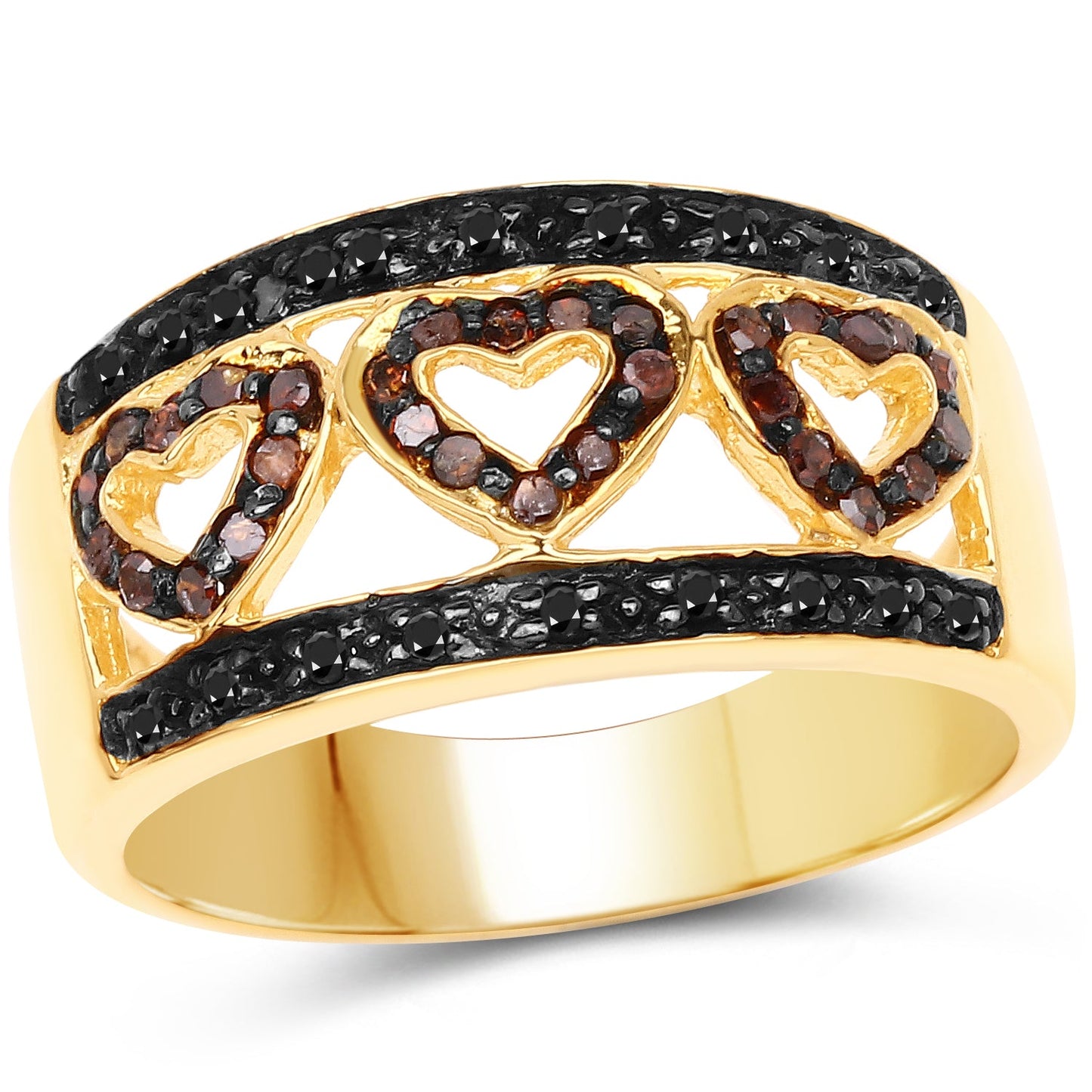 Anillo de Compromiso con Diamantes Negros y Rojos Baño de Oro Amarillo de 14K