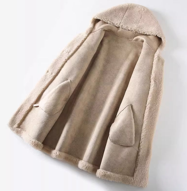 Women's Mid-Length Hooded Coat in Composite Leather and Fur