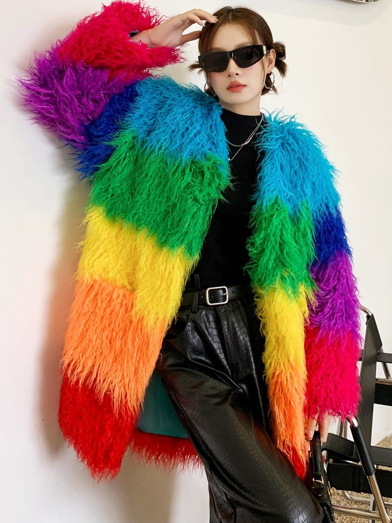 Contrast-Color Plush Patchwork Overcoat