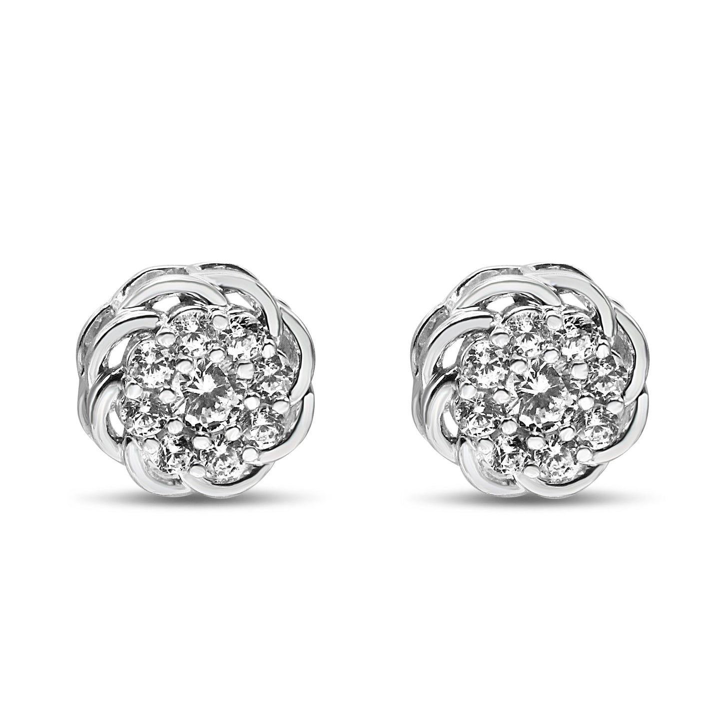 Pendientes de Stud de Halo Floral con Diamantes en Clúster de Plata Esterlina .925
