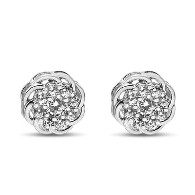 Pendientes de Stud de Halo Floral con Diamantes en Clúster de Plata Esterlina .925
